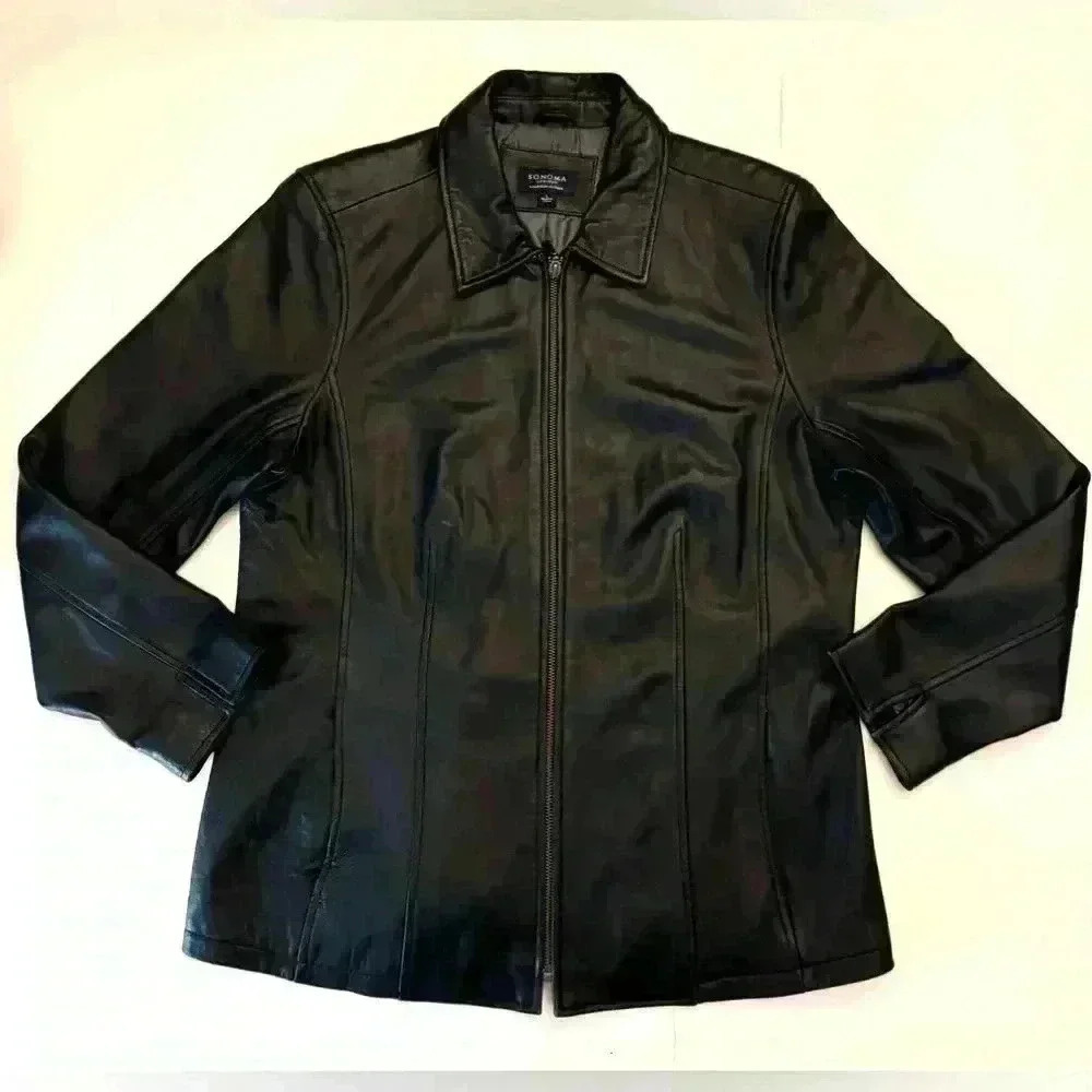 Sonoma Women's Vintage Black Lambskin Leather Jacket Size Large
